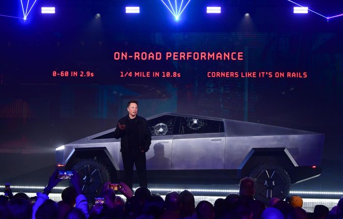 Musk <a href="index.php?page=&url=https%3A%2F%2Fwww.cnn.com%2F2019%2F11%2F22%2Fcars%2Ftesla-cybertruck-electric-pickup-truck%2Findex.html" target="_blank">reveals Tesla's new electric pickup truck</a> in 2019. A demonstration of the Cybertruck's supposedly unbreakable windows backfired, however, when a metal ball thrown at the windows did, in fact, break them.