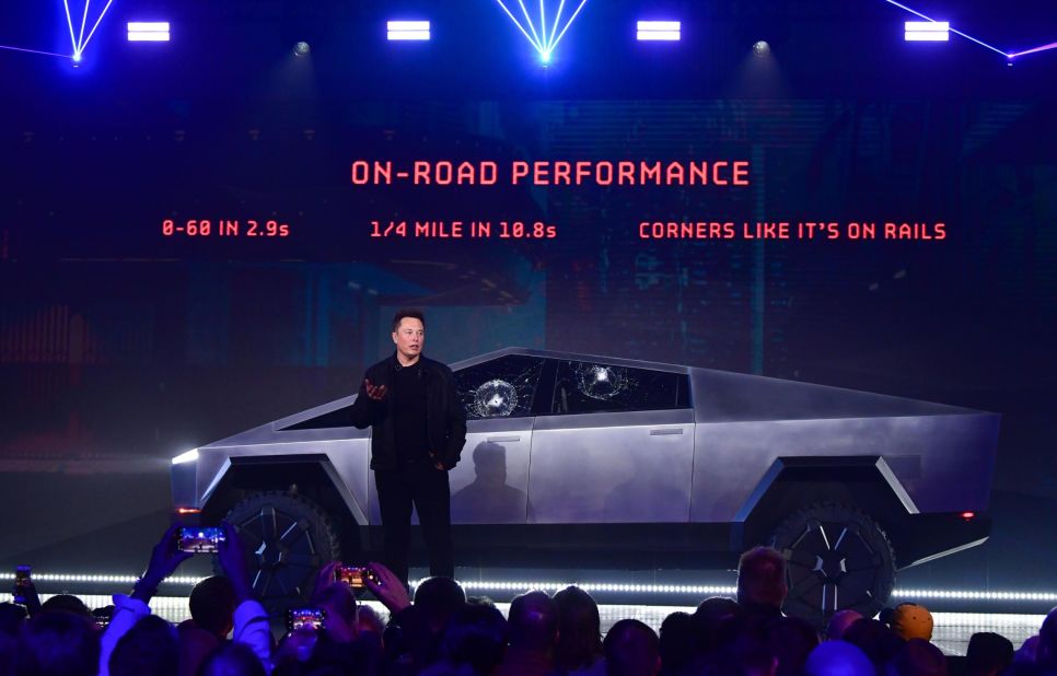 Musk <a href="https://www.cnn.com/2019/11/22/cars/tesla-cybertruck-electric-pickup-truck/index.html" target="_blank">reveals Tesla's new electric pickup truck</a> in 2019. A demonstration of the Cybertruck's supposedly unbreakable windows backfired, however, when a metal ball thrown at the windows did, in fact, break them.