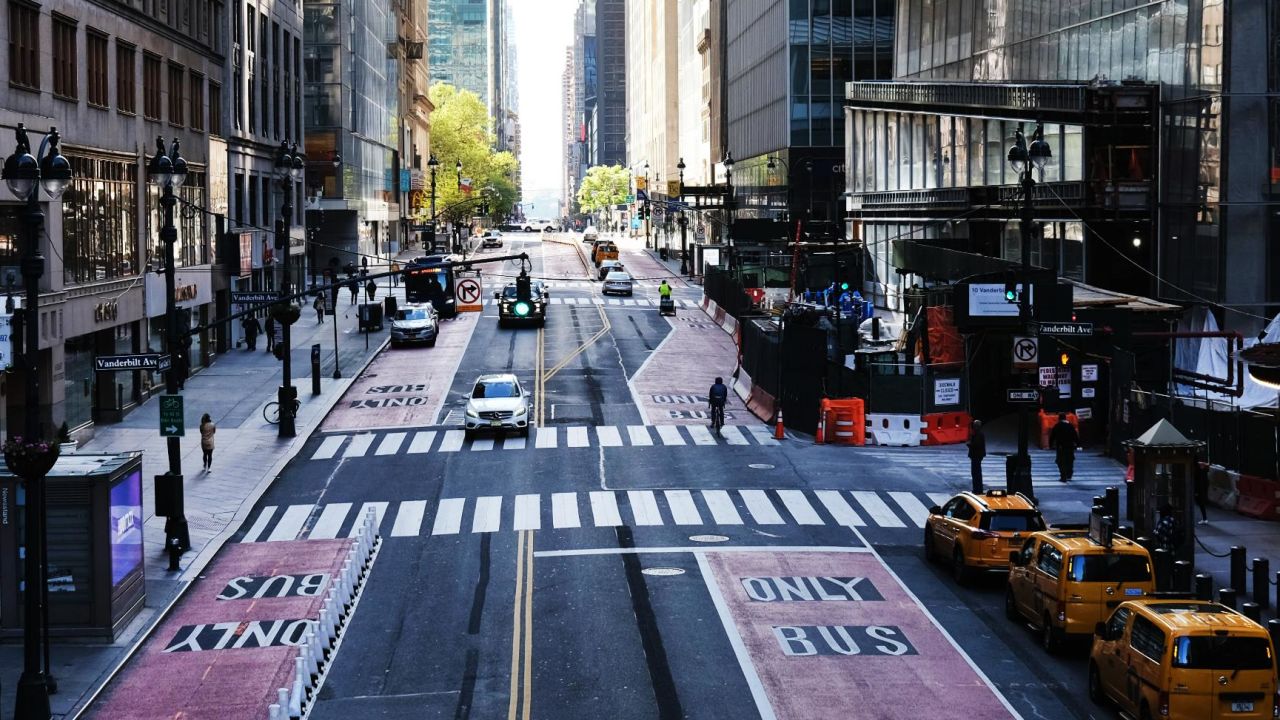 NEW YORK CITY- MAY 12: Usually one of the most congested streets in Manhattan, 42nd Street stands nearly empty on May 12, 2020 in New York City. Across America, people are reeling from the loss of jobs and incomes as unemployment soars to historical levels following the COVID-19 outbreak. While some states are beginning to re-open slowly, many business are struggling to find a profit with the new restrictions and a population that is fearful of the contagious virus.  (Photo by Spencer Platt/Getty Images)