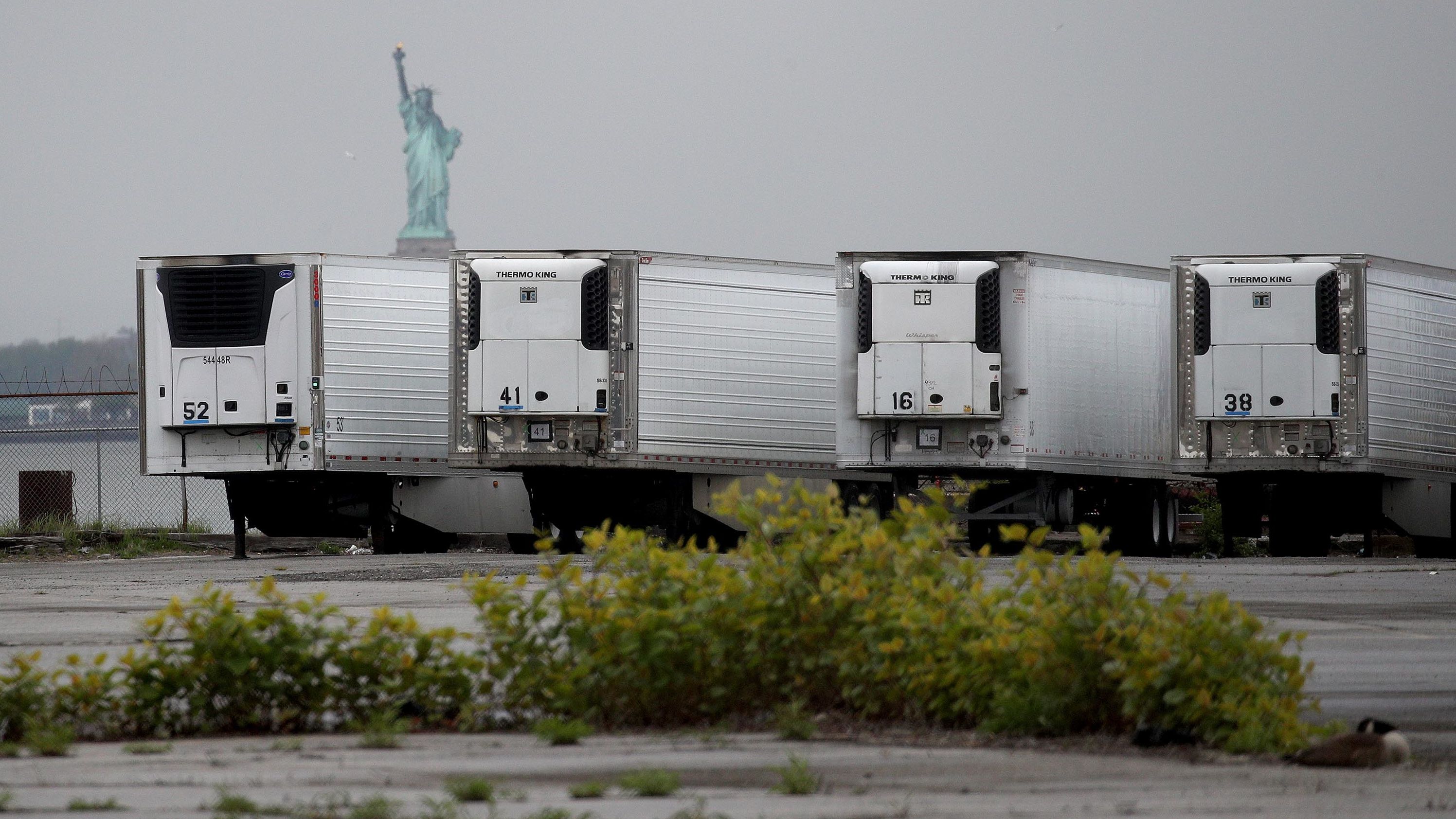Refrigerated trucks served as temporary morgues at the South Brooklyn Marine Terminal on May 6, 2020.