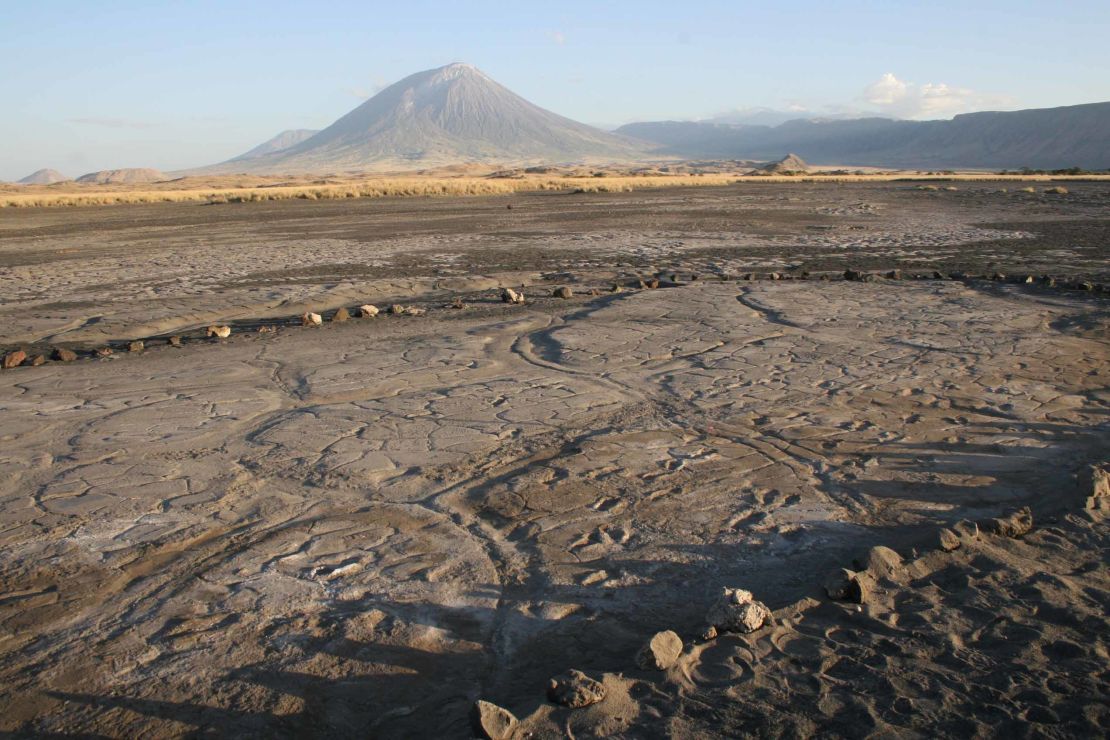 The Engare Sero footprint site is in Tanzania, which preserves at least 408 human footprints. An eruption of Oldoinyo L'engai, the volcano in the background, produced the ash in which the footprints were preserved, according to the researchers. 