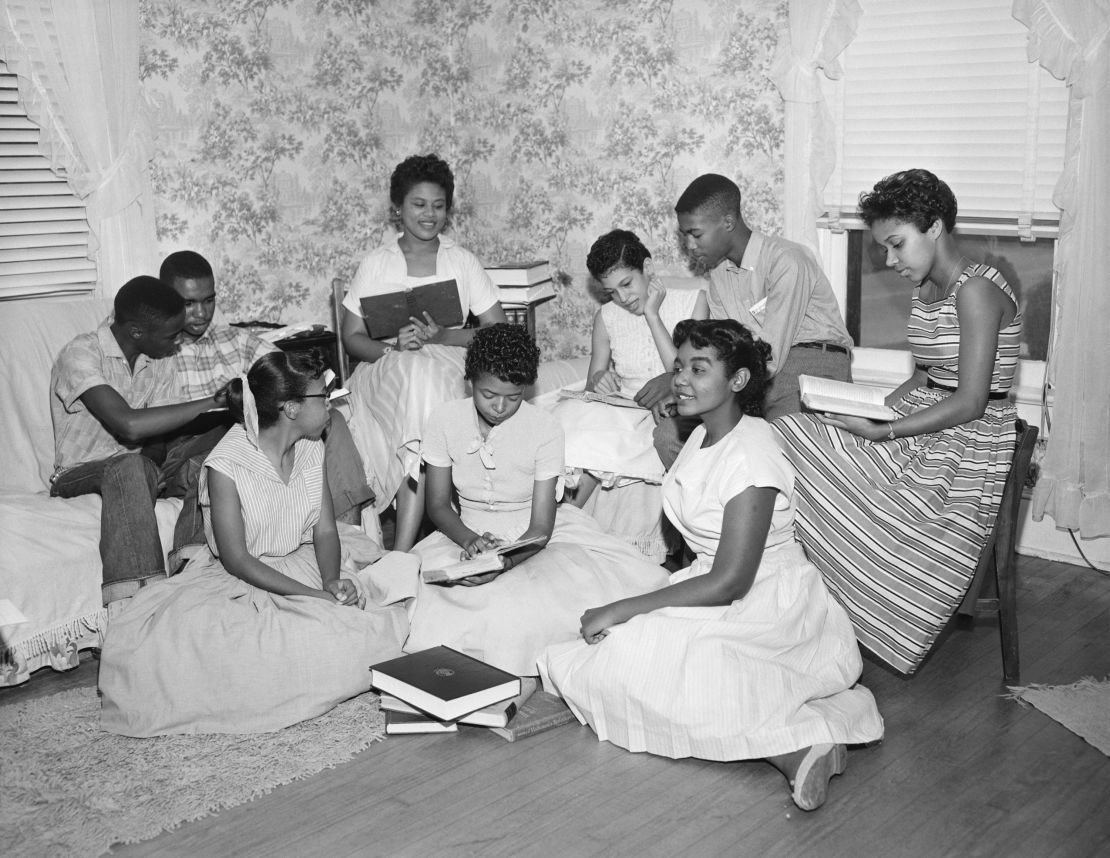 The "Little Rock Nine" form a study group after being prevented from entering Little Rock's Central High School.