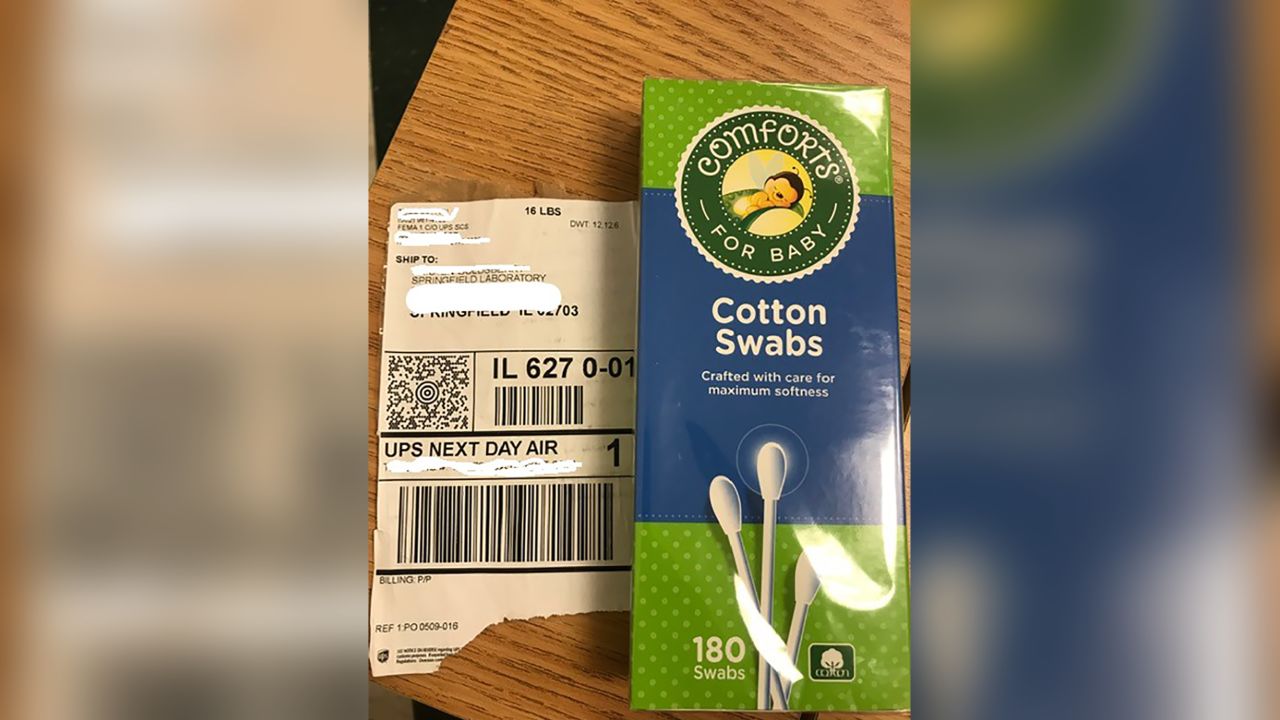 Illinois received a shipment of testing swabs in a mislabeled box for baby Q-tips. The governor's office redacted the address of the order.