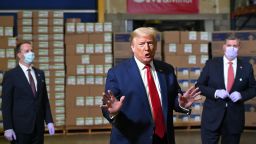 US President Donald Trump speaks as he tours an Owens & Minor, Inc., medical supplies distribution center in Allentown, Pennsylvania, on May 14, 2020. 