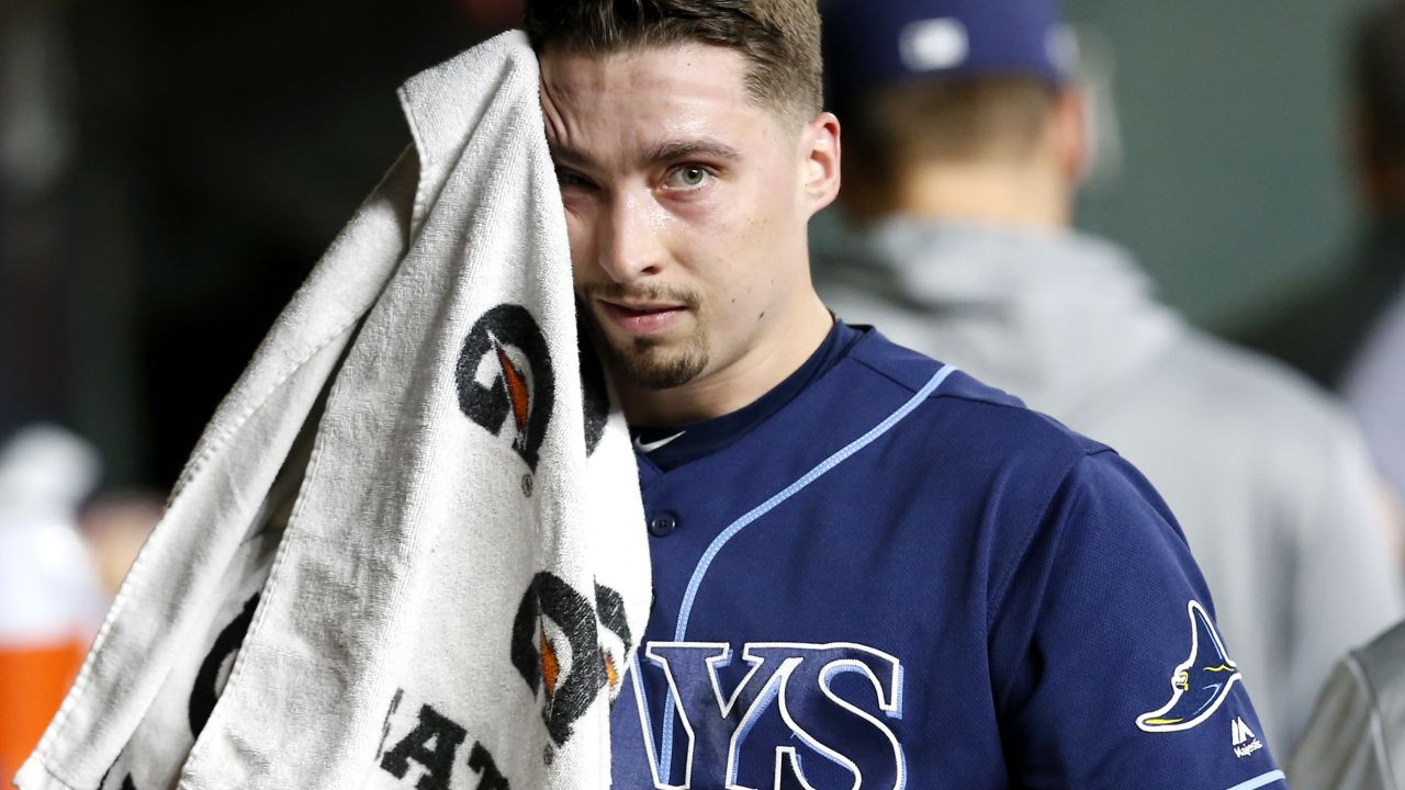 Blake Snell wipes his face at Minute Maid Park on October 05, 2019 in Houston, Texas.