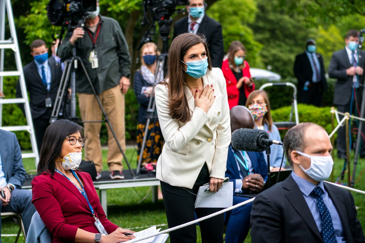 CNN White House correspondent Kaitlan Collins tries to ask US President Donald Trump a question on the heels of <a href="https://www.cnn.com/2020/05/11/media/trump-press-briefing-weijia-jian-kaitlan-collins/index.html" target="_blank">Trump's exchange with CBS News correspondent Weijia Jiang,</a> left, at a White House briefing on Monday, May 11. Jiang asked the President why he sees coronavirus testing as a global competition when more than 80,000 Americans have died. "Maybe that's a question you should ask China," Trump told Jiang, who was born in China and immigrated to the United States when she was 2. "Don't ask me. Ask China that question, OK?" Some critics said Trump's remarks toward Jiang were racist. Trump abruptly ended the briefing after calling on Collins.