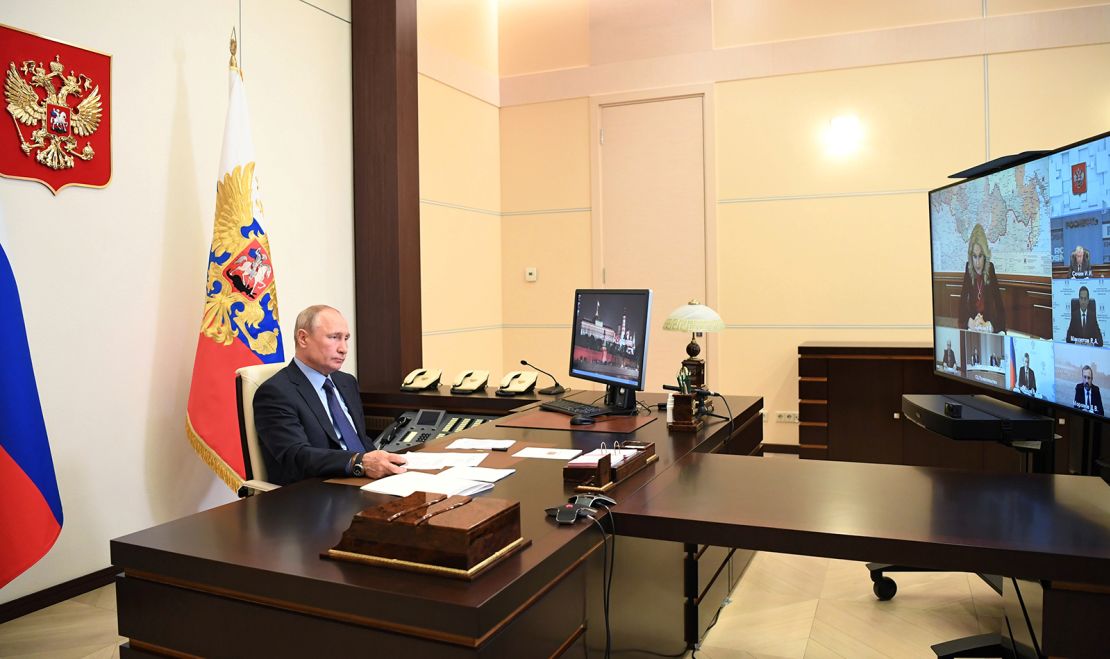 President Putin takes part in a video conference call from his Novo-Ogaryovo state residence outside Moscow, on May 14.