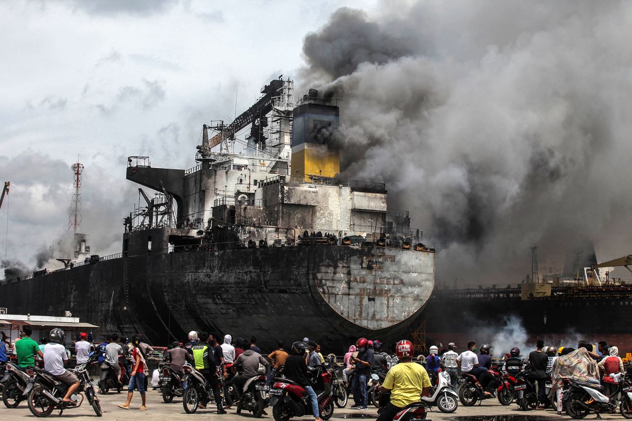 An oil tanker that caught fire burns in Medan, Indonesia, on Monday, May 11. At least seven crew members were killed, <a href="https://www.thejakartapost.com/news/2020/05/12/at-least-seven-killed-in-medan-oil-tanker-fire.html" target="_blank" target="_blank">authorities told The Jakarta Post.</a>