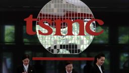 The logo of Taiwan Semiconductor Manufacturing Co. (TSMC) is displayed during the TSMC Annual general meeting in Hsinchu, Taiwan, 05 June 2019. 