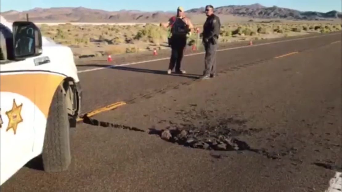 A still image from a video by the Nye County Sheriff's office of road damage in Nevada