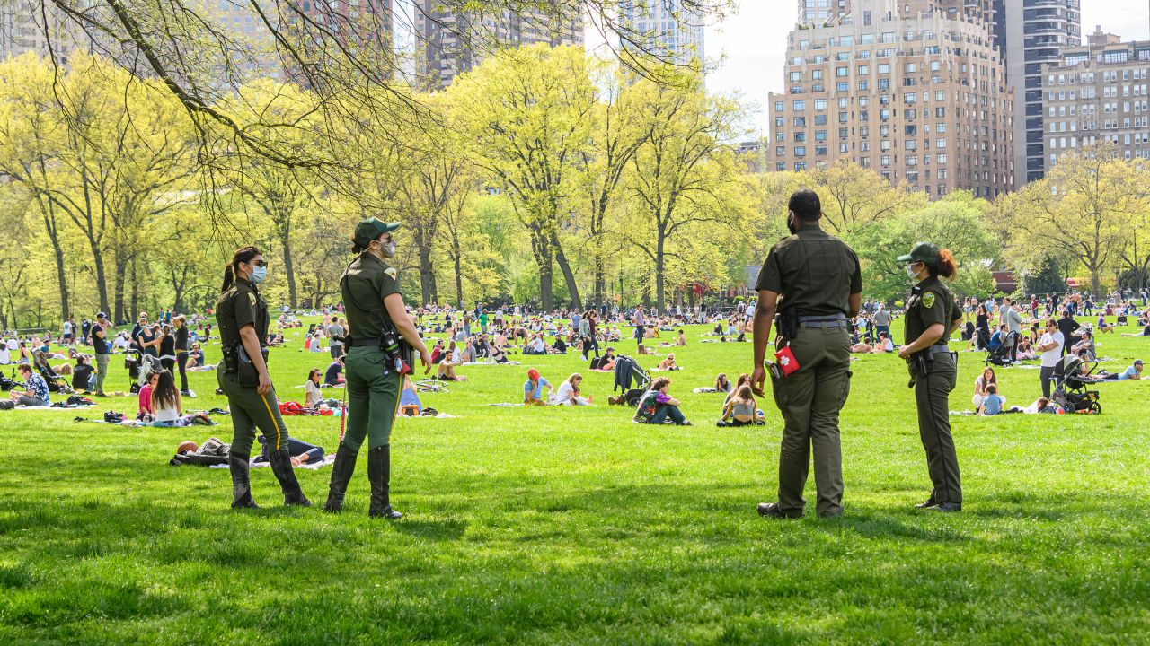 Park enforcement officers stand watch in New York City's Central Park during the coronavirus pandemic on May 2, 2020.