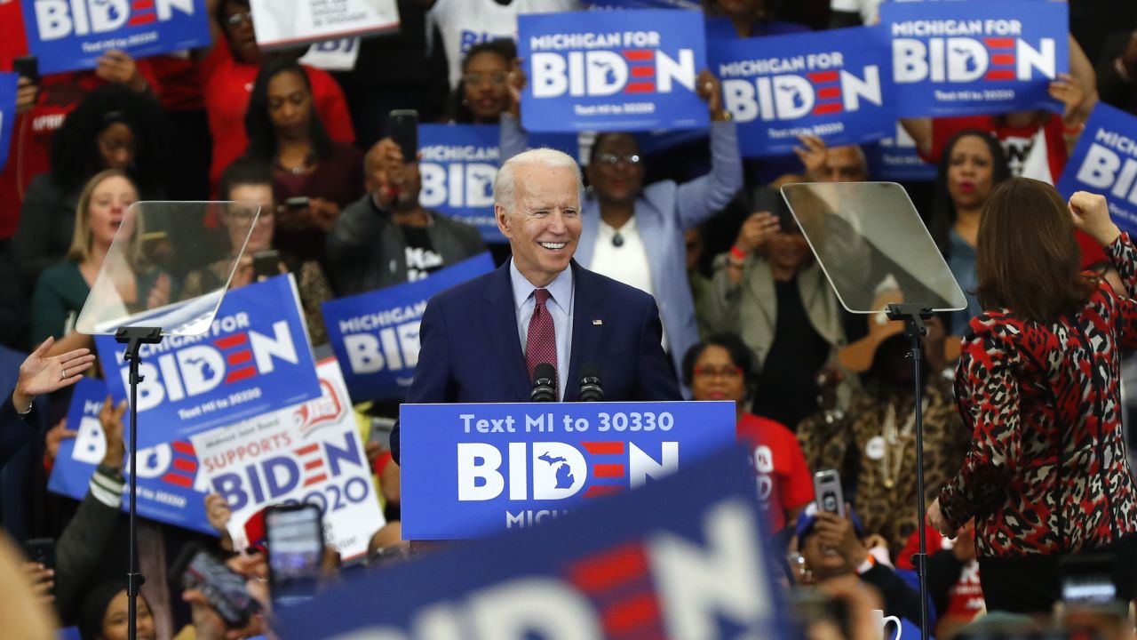 In this March 9, 2020, file photo Democratic presidential candidate former Vice President Joe Biden speaks during a campaign rally at Renaissance High School in Detroit. 