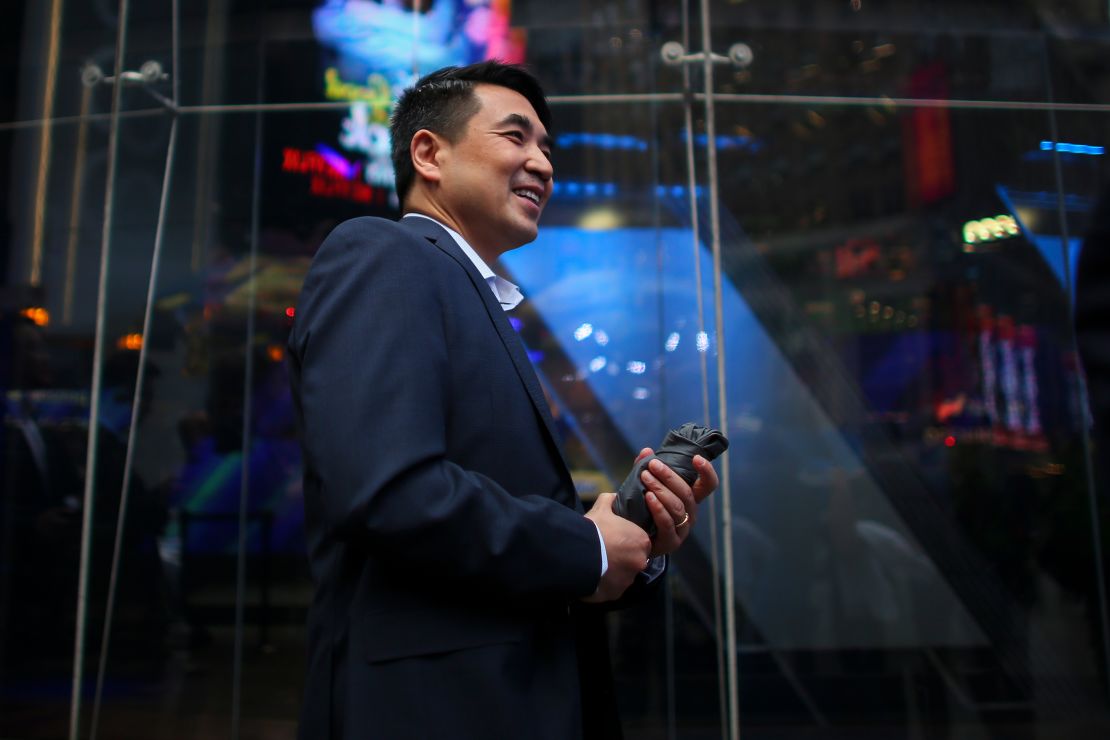 Zoom founder Eric Yuan poses in front of the Nasdaq building after the company's IPO in April 2019. (Kena Betancur/Getty Images)