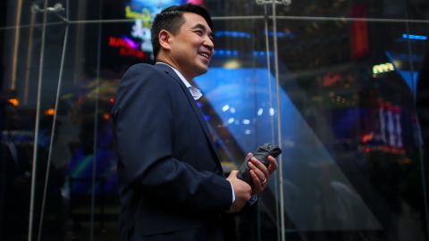 Zoom founder Eric Yuan poses in front of the Nasdaq building after the company's IPO in April 2019. (Kena Betancur/Getty Images)