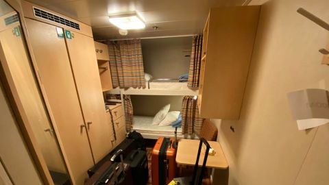 Engaged crew members Caio Saldanha and his fiancée Jessica Furlan shared this windowless cabin on board the Celebrity Equinox while waiting to be repatriated.