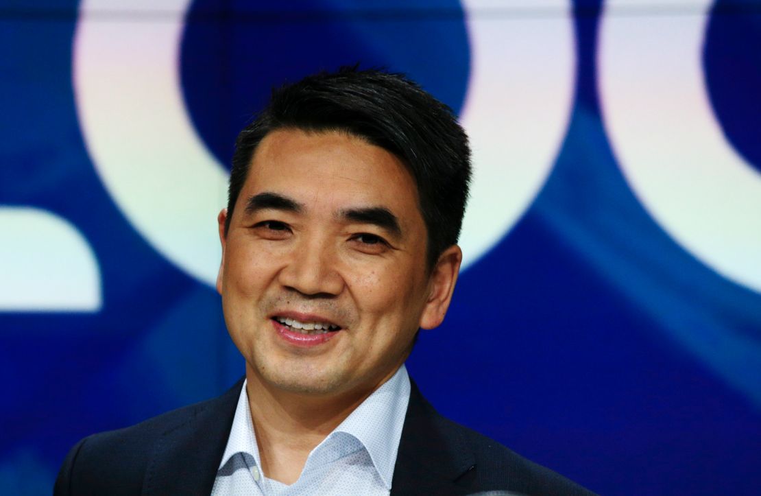 Eric Yuan speaks before the Nasdaq opening bell ceremony on April 18, 2019 in New York City. The company's IPO priced at $36 per share, at an estimated value of $9.2 billion. (Kena Betancur/Getty Images)