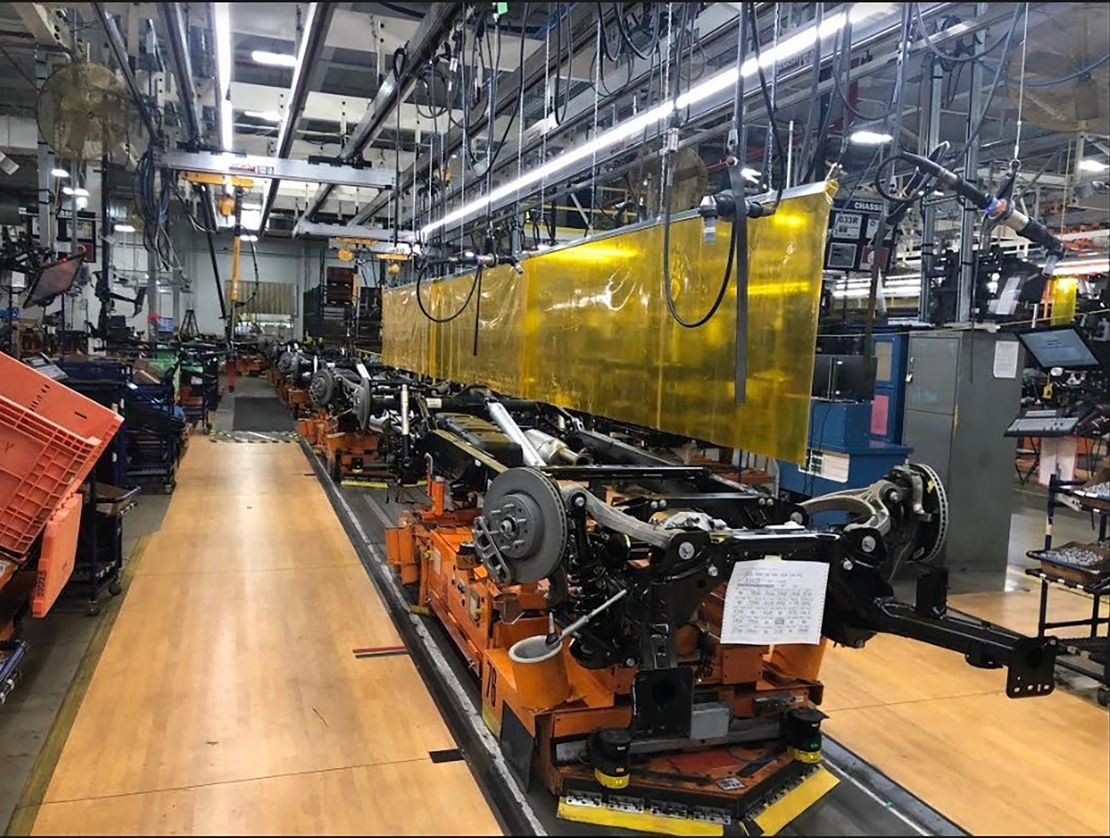 A weld curtain hangs over the chassis line at FCA's Sterling Heights Assembly Plant in Michigan to protect employees from the spread and transmission of coronavirus.