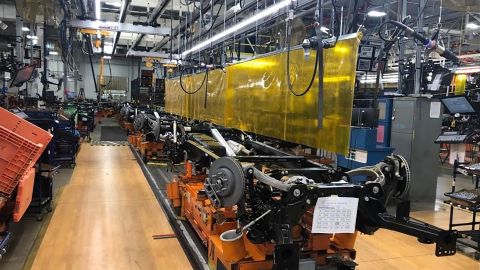A weld curtain hangs over the chassis line at FCA's Sterling Heights Assembly Plant in Michigan to protect employees from the spread and transmission of coronavirus.
