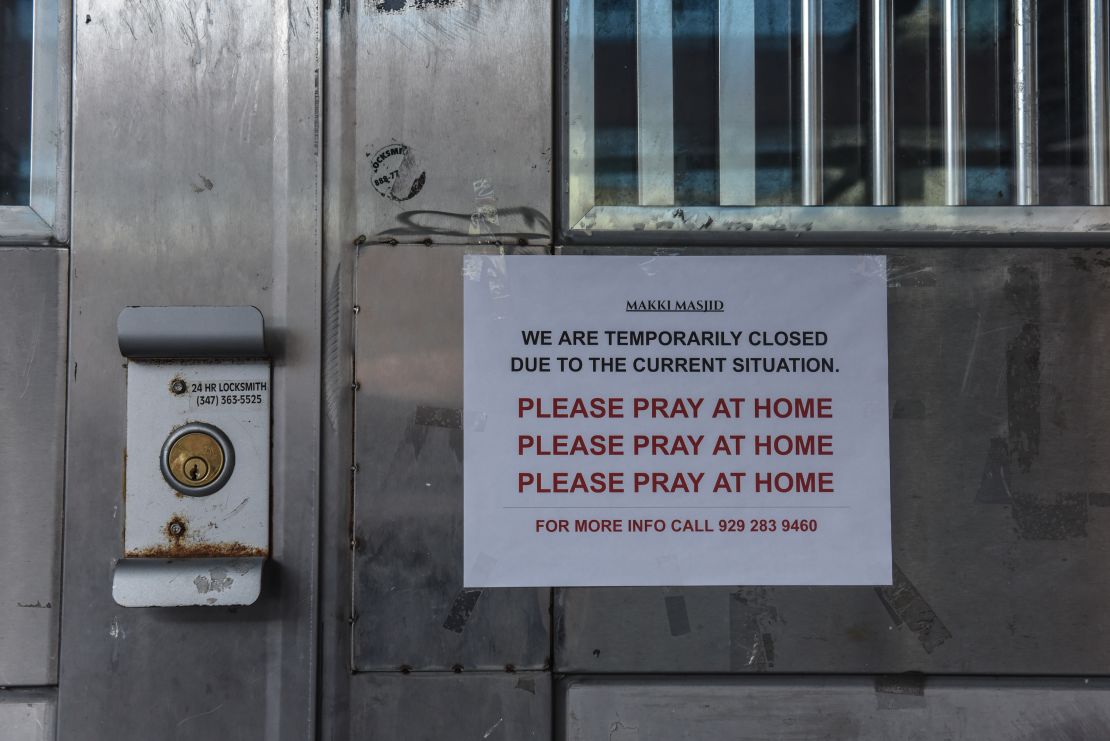 All mosques were closed in the New York City shutdown and the faithful, like those seeing this sign at the Makki Mosque in Brooklyn, were asked to pray at home. 