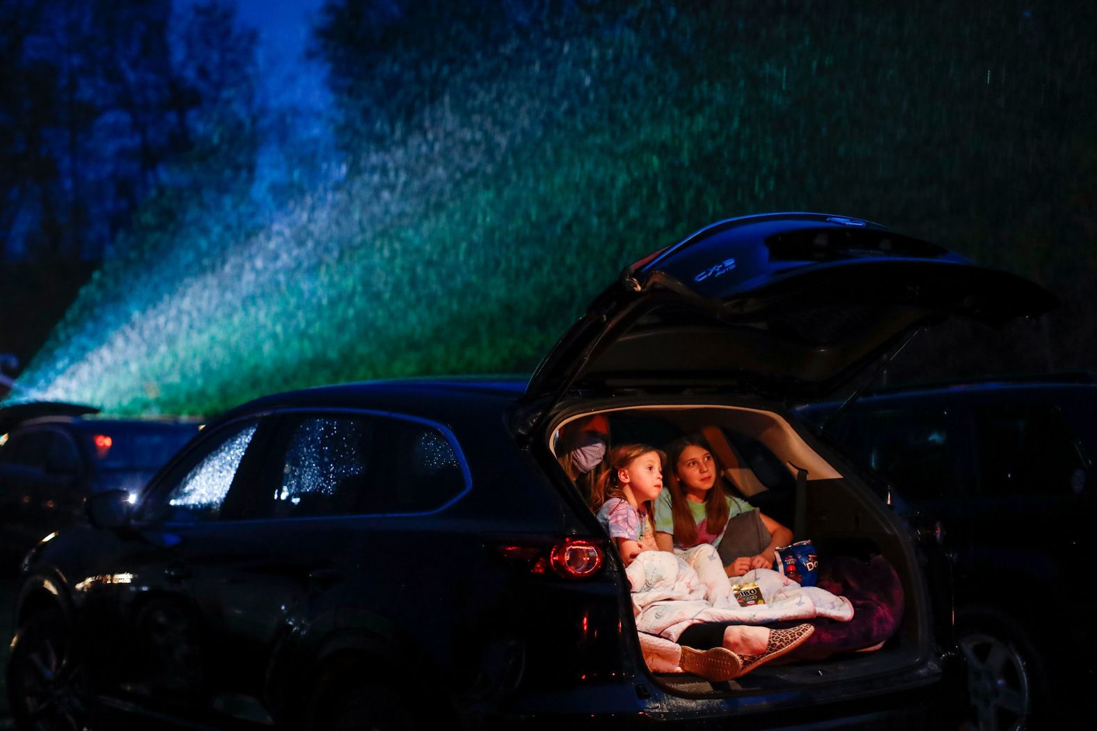People watch a showing of "Trolls World Tour" at the Four Brothers Drive-In movie theater in Amenia, New York, on May 15.