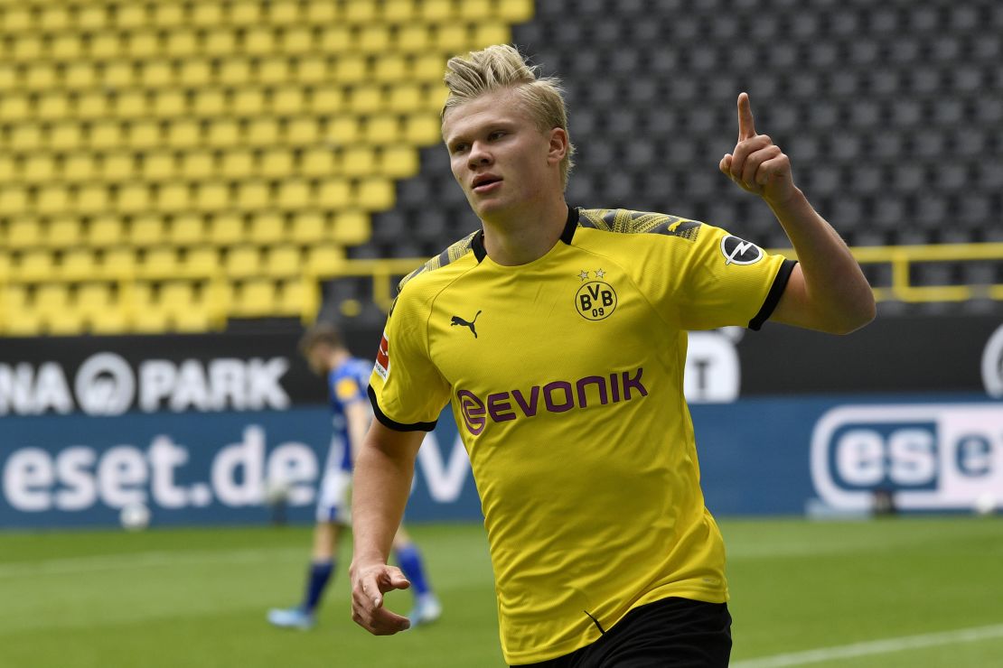 Erling Braut Haaland celebrates after scoring for Borussia Dortmund Saturday. 