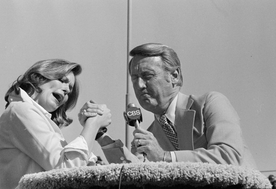 Phyllis George and Vin Scully as co-hosts on "Celebrity Challenge of the Sexes" on April 17, 1977.