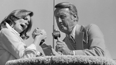 Phyllis George and Vin Scully as co-hosts on "Celebrity Challenge of the Sexes" on April 17, 1977.