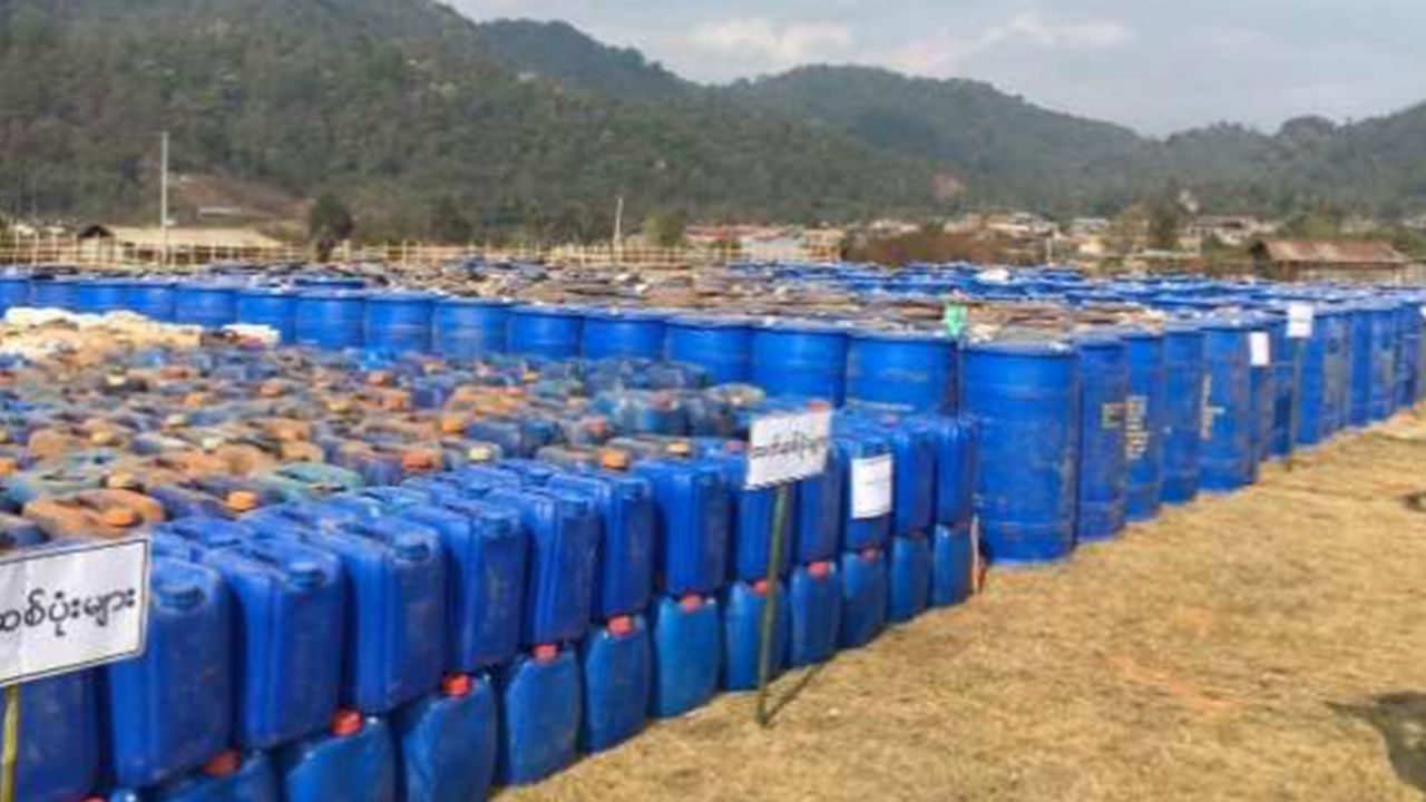 Barrels of chemicals from the seizure are seen in this handout photograph from the Myanmar government.