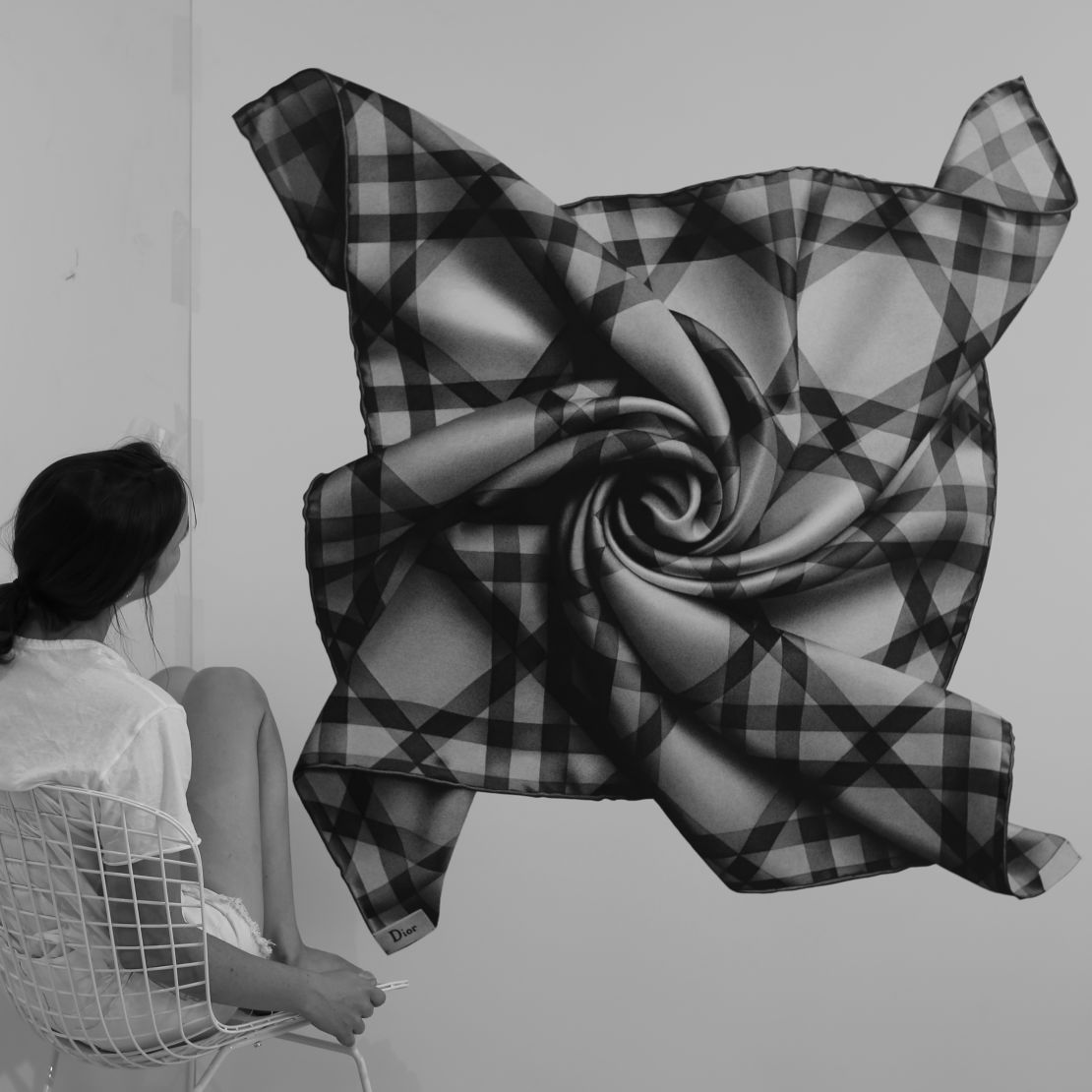 A drawing of a Dior scarf by CJ Hendry