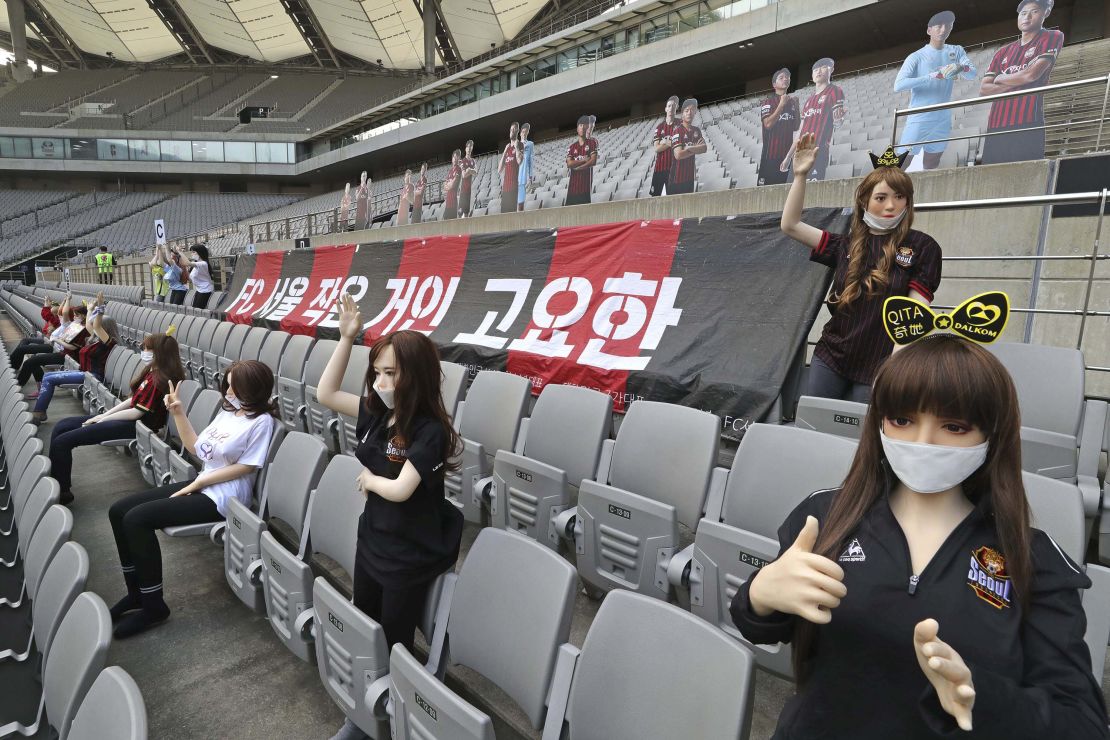 Sex dolls cheer on a soccer match between FC Seoul and Gwangju FC.