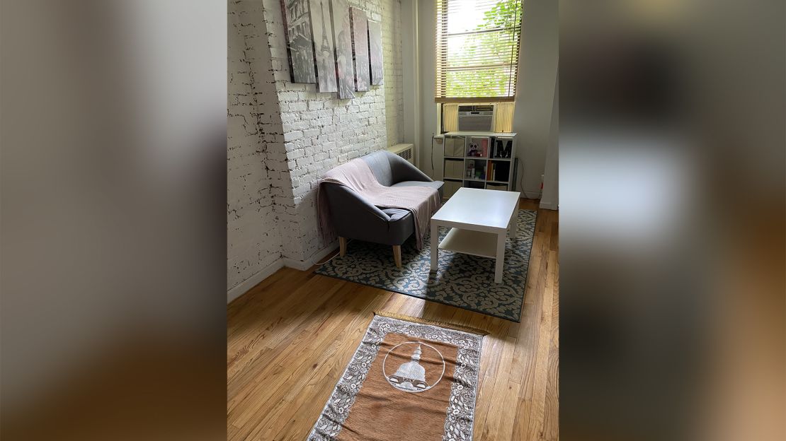 Alsharif's prayer rug in her small apartment. This year she says she has been more able to pray on time.