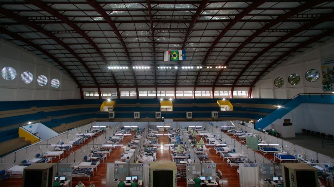 Coronavirus patients are treated at a field hospital set up at a sports gym in Santo Andre, Sao Paulo state, on May 11.