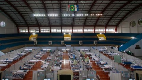 Coronavirus patients are treated at a field hospital set up at a sports gym in Santo Andre, Sao Paulo state, on May 11.