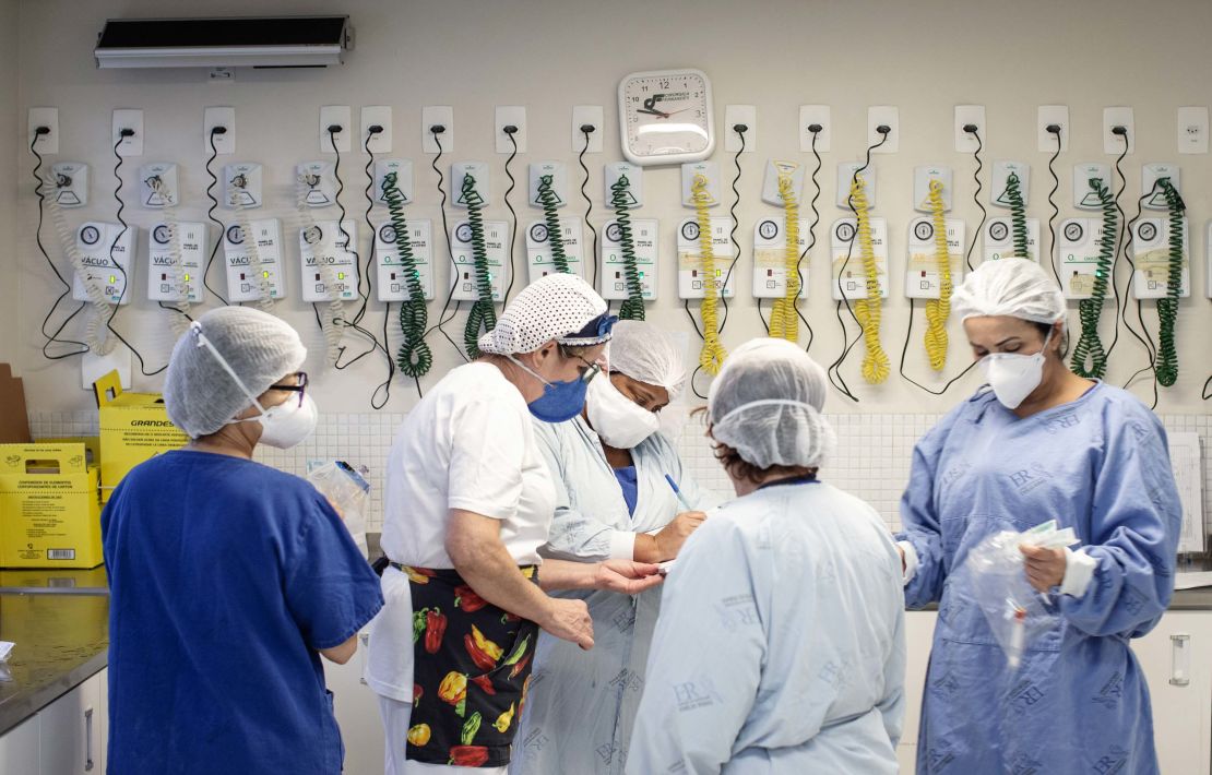 Doctors and nurses work in the Covid-19 intensive care unit at the Emilio Ribas Institute of Infectious Disease hospital in Sao Paulo.