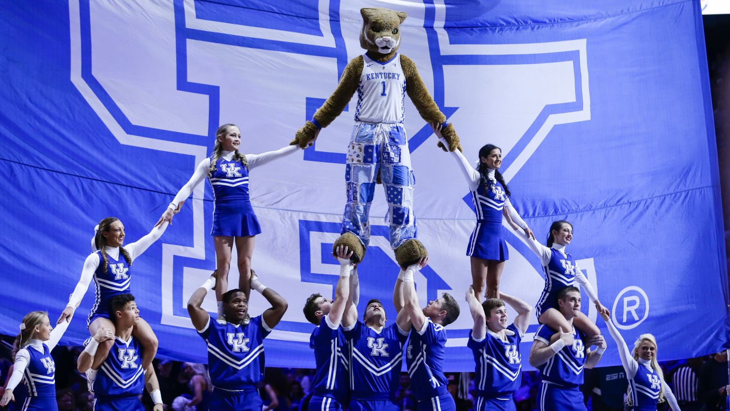 The Kentucky Wildcats mascot preforms with the cheerleading team during a February 2020 game.