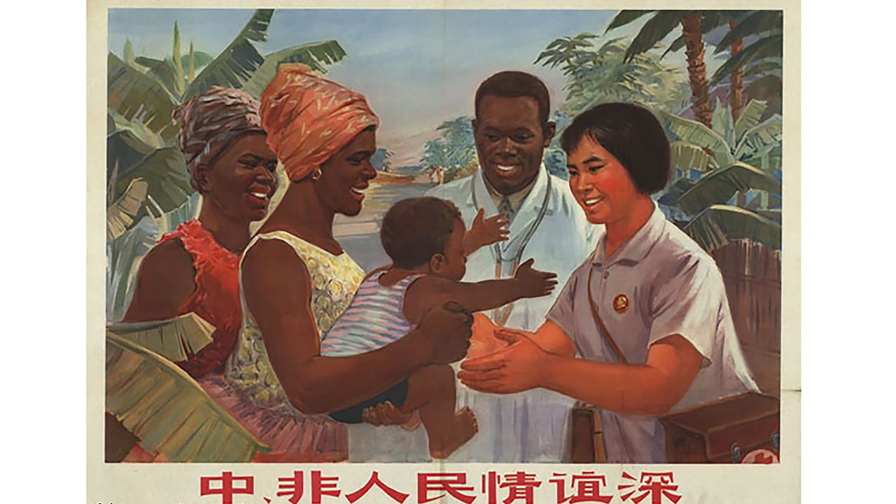 A Chinese propaganda poster promotes the medical aid Beijing offered to Africa during the 20th century.
