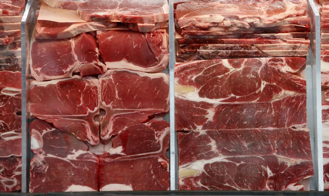 Meat products sit in a display case at a grocery store in Dallas in April 2020.