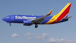 A Boeing 737 (737-700) jetliner, belonging to low-cost carrier Southwest Airlines, lands at McCarran International Airport in Las Vegas, Nv., on Feb. 23, 2020. (Larry MacDougal via AP)