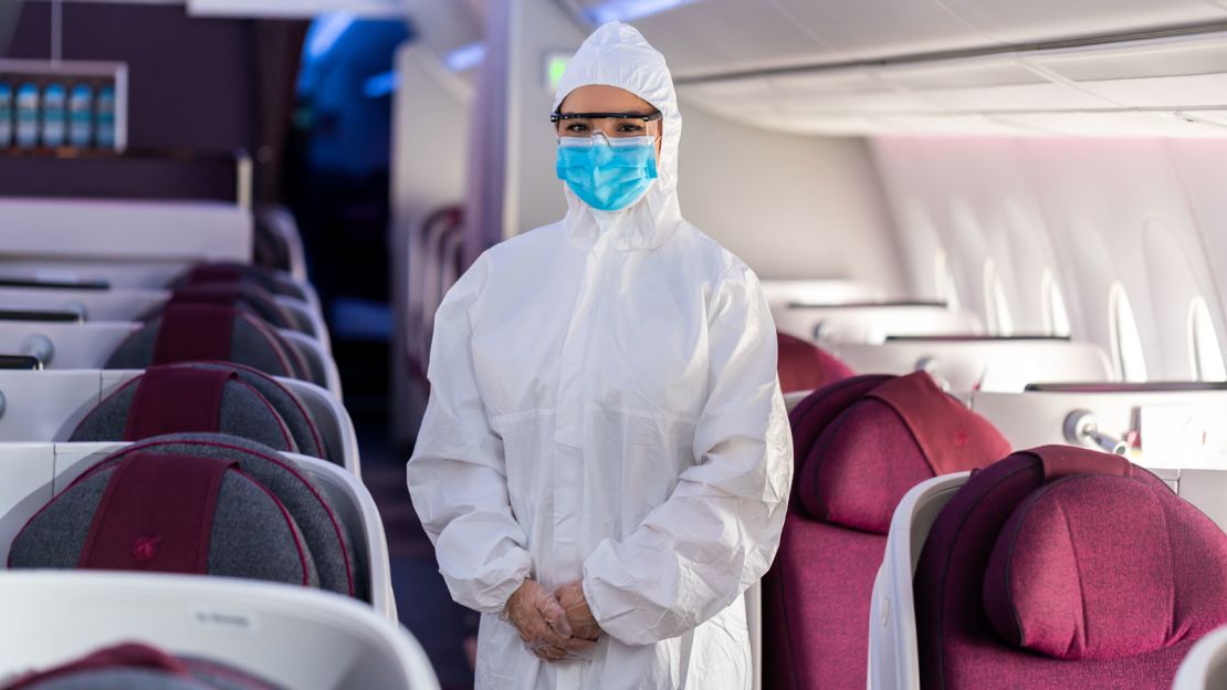 Qatar Airways crew will wear a PPE suit over their uniforms, along with safety goggles, gloves and a mask.