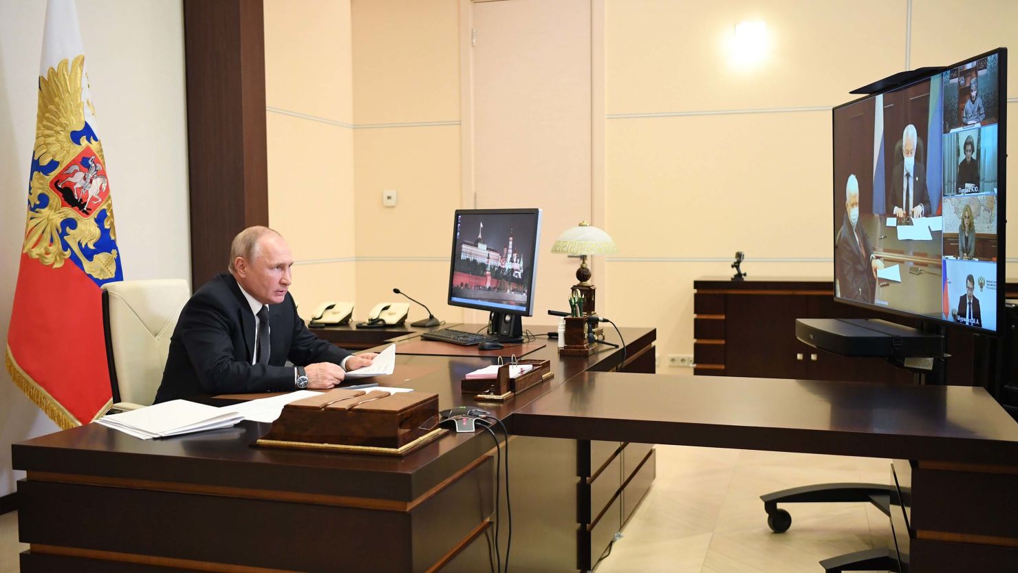Russian President Vladimir Putin holds a videoconference meeting with representatives from Dagestan. 