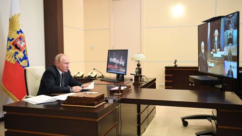 Russian President Vladimir Putin holds a coronavirus videoconference with officials from Dagestan on May 18.