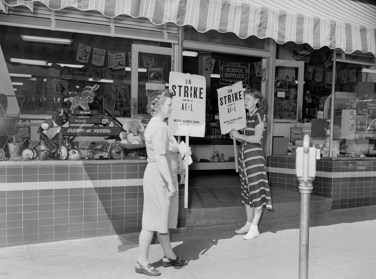 Sales clerks go on strike in Chicago circa 1946.