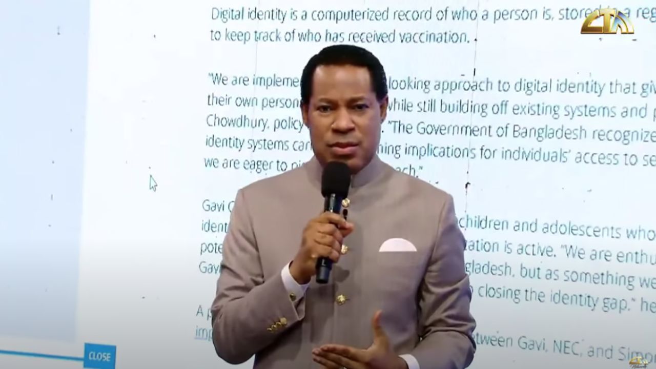 A screengrab from a video posted to Youtube shows Pastor Chris Oyakhilome speaking during a sermon. 