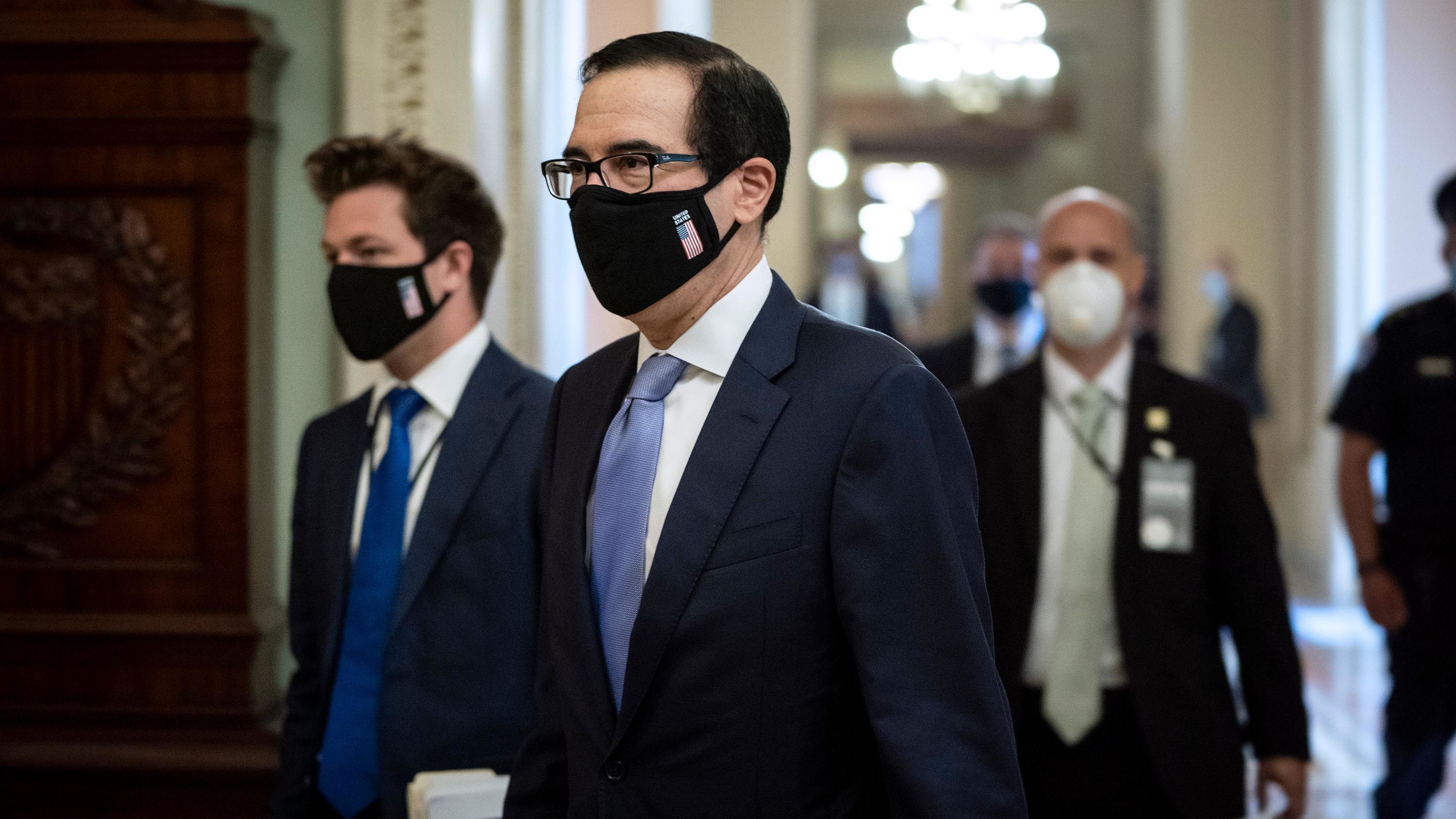Treasury Secretary Steven Mnuchin exits the office of Senate Majority Leader Mitch McConnell after meeting with McConnell and Vice President Mike Pence at the U.S. Capitol on May 19, 2020 in Washington, DC. President Trump is scheduled to attend a luncheon this afternoon with Senate Republicans. 