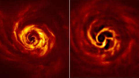 These images show the disk around the young star AB Aurigae. More detail can be seen in the zoomed-in image on the right, showcasing the inner region and the bright yellow "twist" where a planet is likely being formed. 