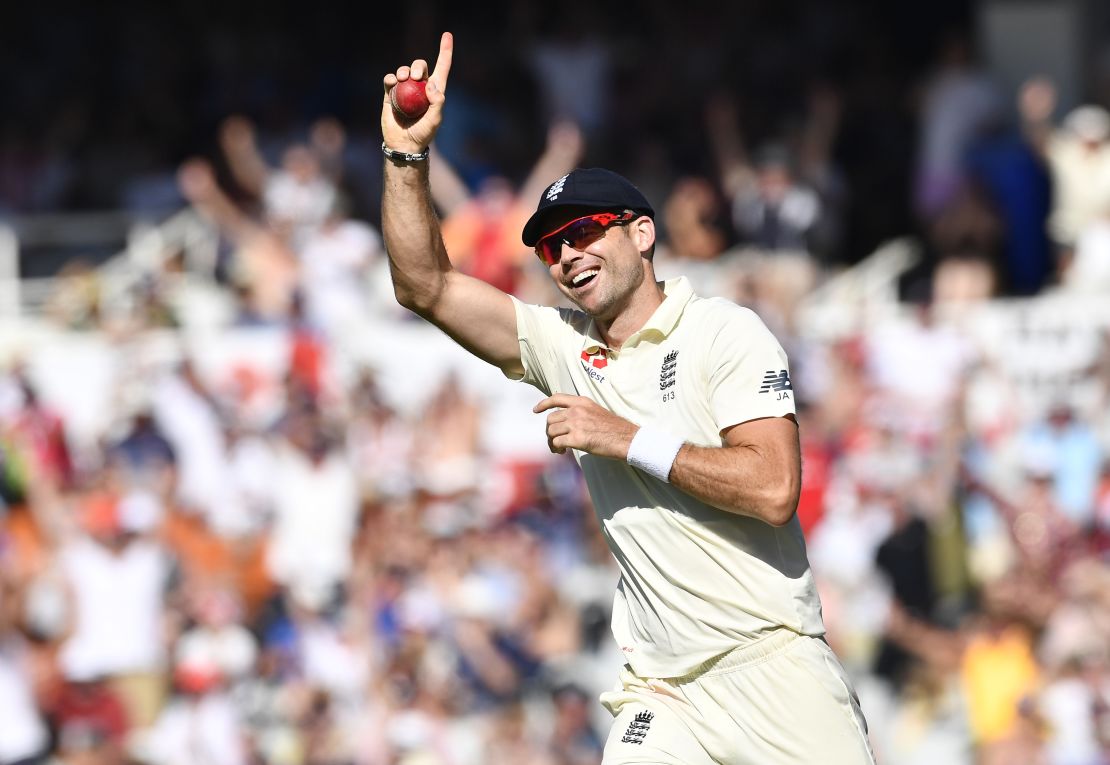 Anderson takes a catch to dismiss Rassie van der Dussen of South Africa.