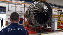 Rolls Royce Trent XWB engines on view on the assembly line at the Rolls Royce factory in Derby, central England on November 30, 2016. 
The engine is designed specifically for the Airbus A350 family of aircraft.