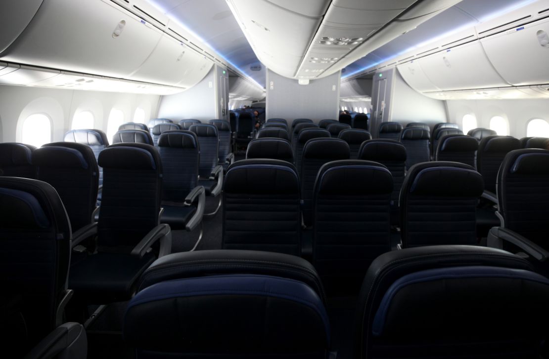 Empty seats on a United Airlines flight during the coronavirus pandemic.