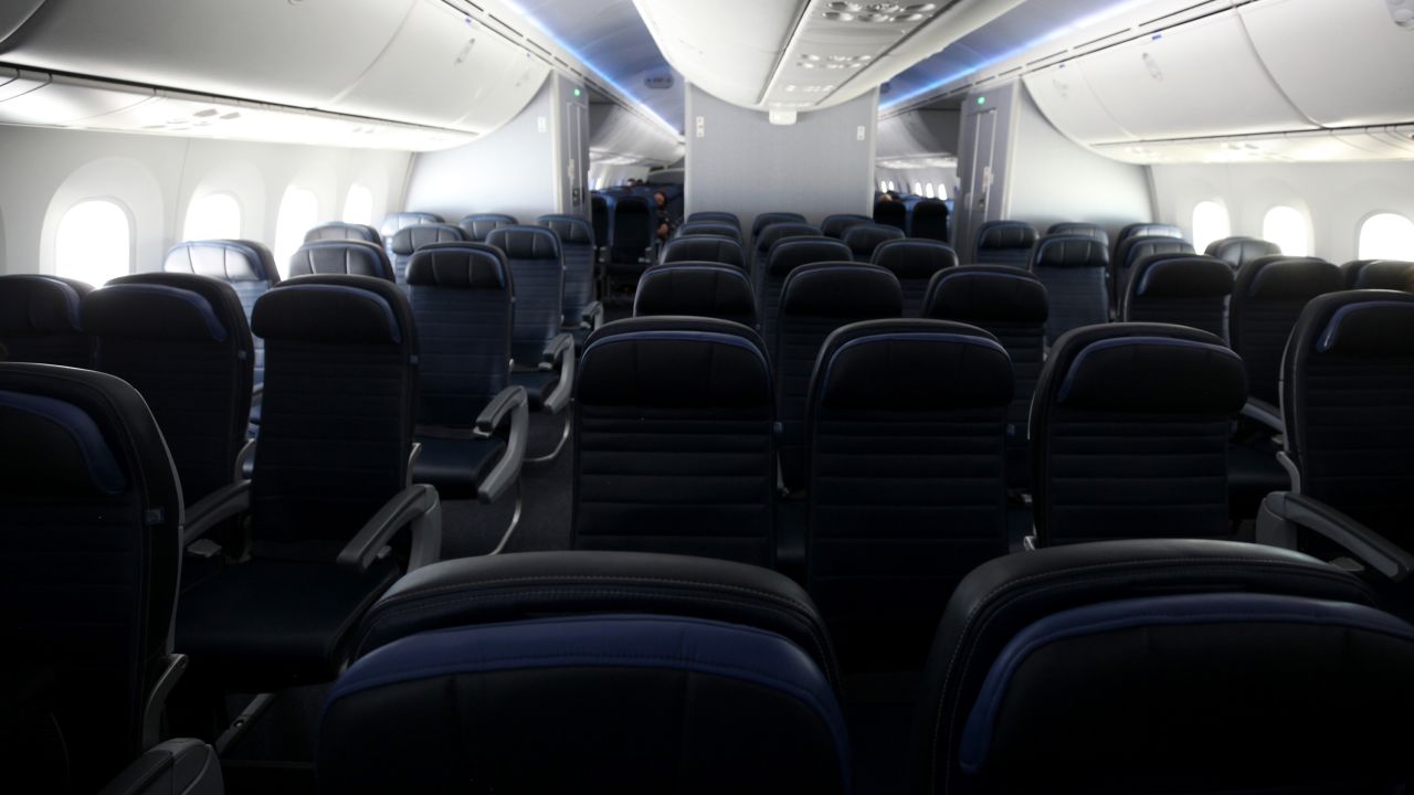 Empty seats on a United Airlines flight during the coronavirus pandemic.