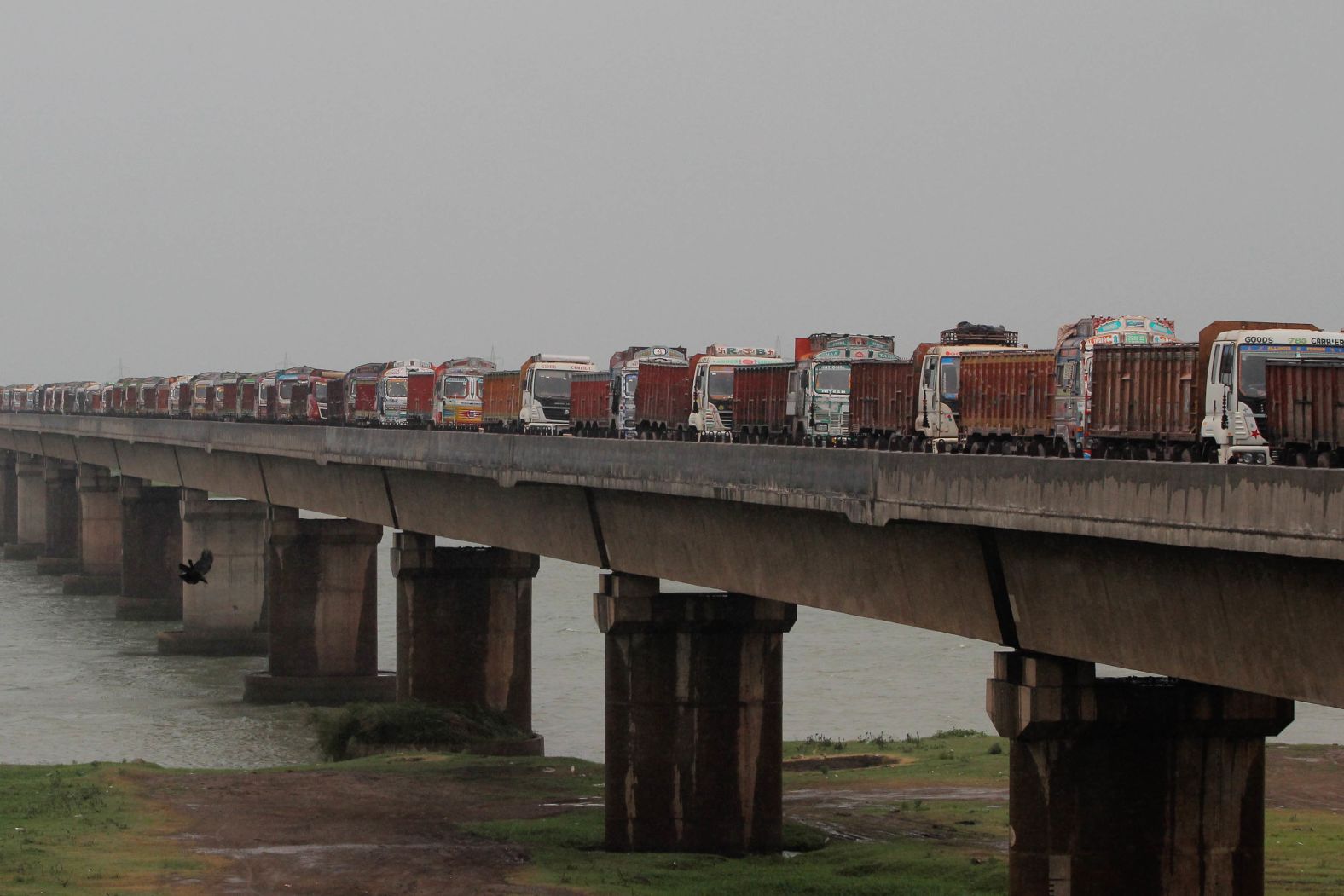 Trucks are stranded on a bridge in Paradeep.